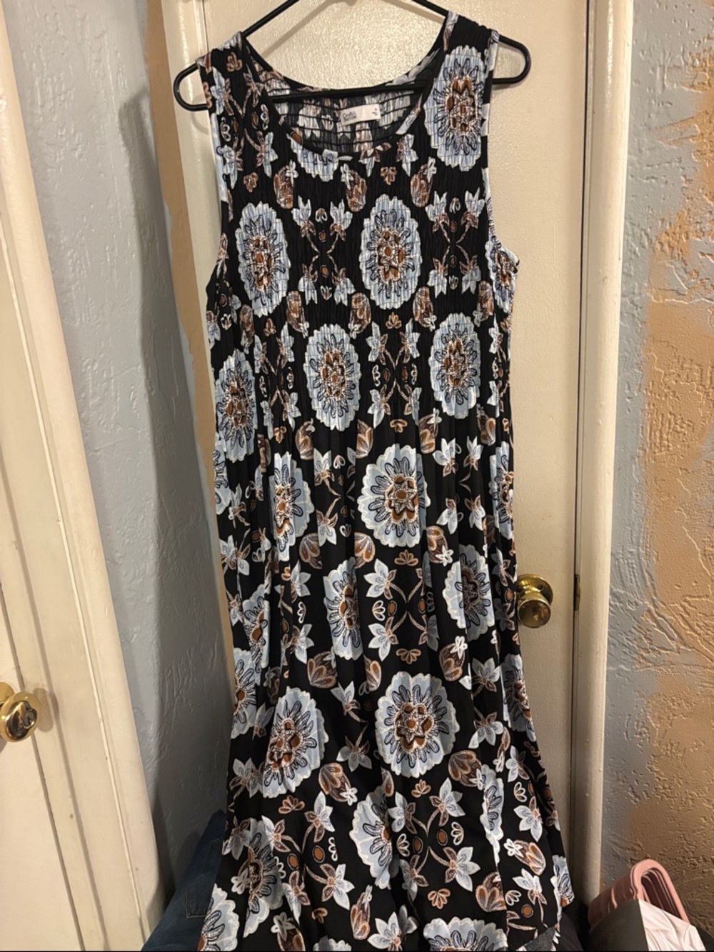 Sleeveless Floral Maxi Dress - Black with Blue & Brown Medallions